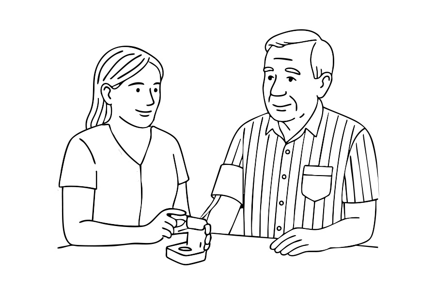 2025-08-01-Blutdruckmessung Grafik, eine Apothekenmitarbeiterin misst den Blutdruck