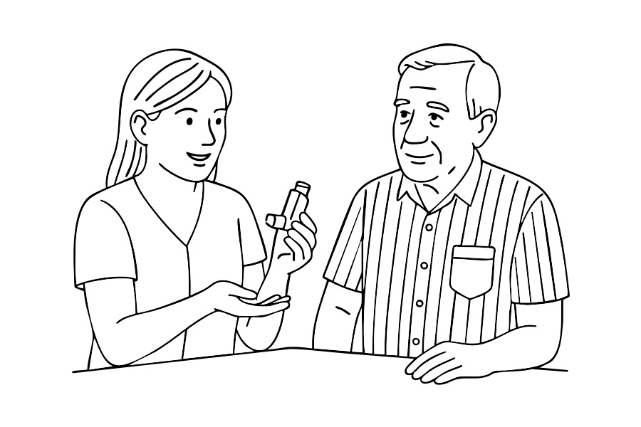 2025-08-01-Inhalativa Grafik, eine Apothekenmitarbeiterin zeigt die Einnahme von Inhalativa