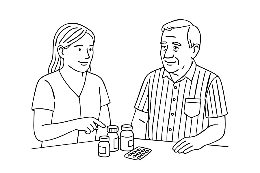 Grafik, eine Apothekenmitarbeiterin weist auf die richtige Wahl der Medikamente hin